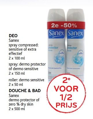 Promotions Deo sanex spray compressed: sensitive of extra effectief - Sanex - Valide de 18/10/2017 à 31/10/2017 chez Alvo