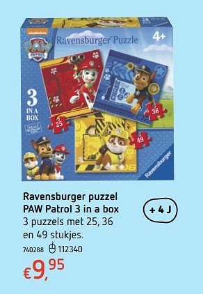 Promoties Ravensburger puzzel paw patrol 3 in a box - Ravensburger - Geldig van 19/10/2017 tot 06/12/2017 bij Dreamland