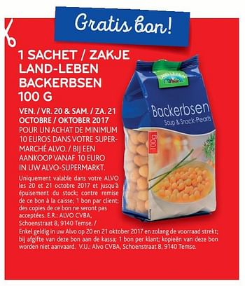 Promotions 1 sachet land-leben backerbsen - Land Leben - Valide de 18/10/2017 à 31/10/2017 chez Alvo