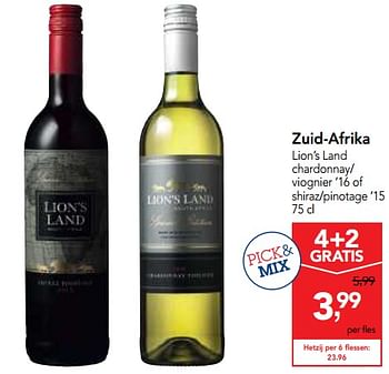 Promoties Zuid-afrika lion`s land chardonnay- viognier `16 of shiraz-pinotage `15  - Rode wijnen - Geldig van 18/10/2017 tot 31/10/2017 bij Makro