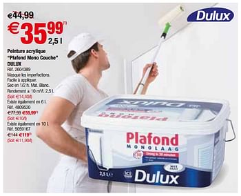 Promoties Peinture acrylique plafond mono couche dulux - Dulux - Geldig van 24/10/2017 tot 13/11/2017 bij Brico