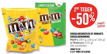 Promoties Chocoladesnoepjes of krokante chocoladebonbons - M&M 's - Geldig van 19/10/2017 tot 25/10/2017 bij Delhaize
