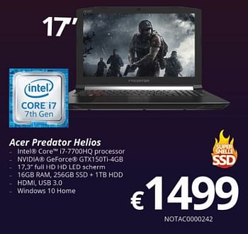 Promoties Acer predator helios - Acer - Geldig van 09/10/2017 tot 27/11/2017 bij Compudeals