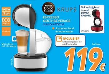 Promoties Krups espresso multi-beverage lumio kp130110 - Krups - Geldig van 26/10/2017 tot 24/11/2017 bij Krefel