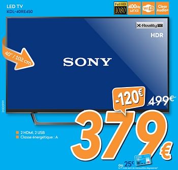 Promotions Sony led tv kdl-40re450 - Sony - Valide de 26/10/2017 à 24/11/2017 chez Krefel