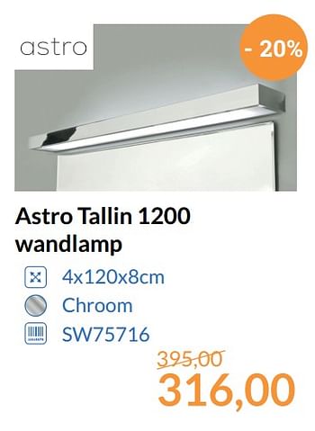 Promoties Astro tallin 1200 wandlamp - Astro - Geldig van 01/11/2017 tot 30/11/2017 bij Sanitairwinkel