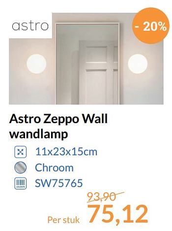 Promotions Astro zeppo wall wandlamp - Astro - Valide de 01/11/2017 à 30/11/2017 chez Magasin Salle de bains