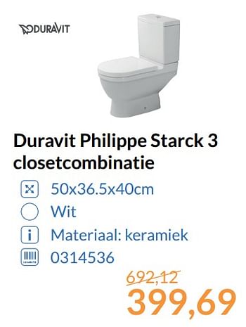 Promoties Duravit philippe starck 3 closetcombinatie - Duravit - Geldig van 01/11/2017 tot 30/11/2017 bij Sanitairwinkel