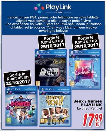 Promoties Jeux - games playlink - Sony Computer Entertainment Europe - Geldig van 24/10/2017 tot 06/12/2017 bij Cora