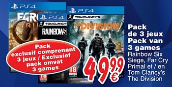 Promotions Pack de 3 jeux pack van 3 games rainbow six siege, far cry primal et - en tom clancy`s the division - Ubisoft - Valide de 24/10/2017 à 06/12/2017 chez Cora