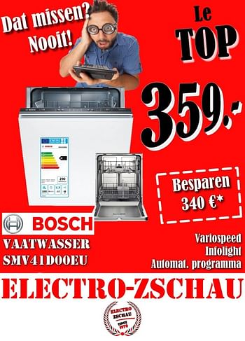 Promoties Bosch vaatwasser smv41dooeu - Bosch - Geldig van 01/11/2017 tot 29/11/2017 bij Electro Zschau