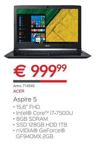 Promoties Acer laptop aspire 5 - Acer - Geldig van 15/10/2017 tot 30/11/2017 bij Auva