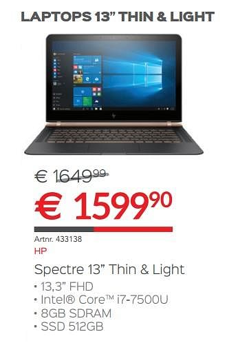Promoties Hp laptop spectre thin + light - HP - Geldig van 15/10/2017 tot 30/11/2017 bij Auva