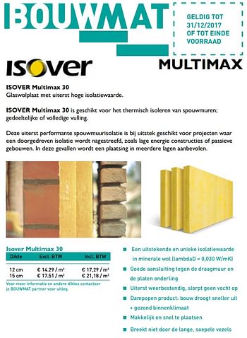 Promotions Isover multimax 30 - Isover - Valide de 06/11/2017 à 31/12/2017 chez Bouwmat