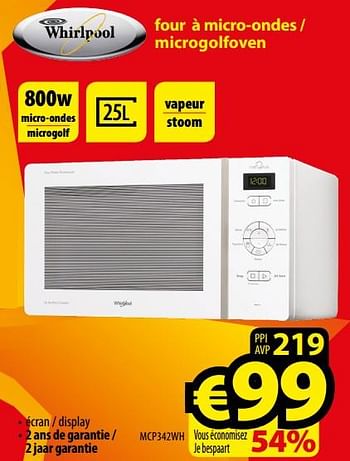 Promotions Whirlpool Four à micro-ondes - microgolfoven mcp342wh - Whirlpool - Valide de 03/11/2017 à 30/11/2017 chez ElectroStock