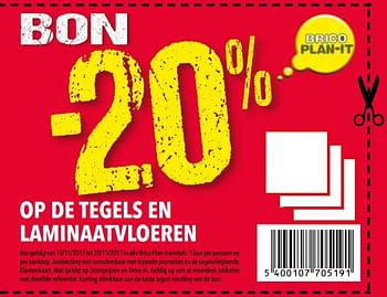 Promoties Bon -20% op fe tegels en laminaatvloeren - Huismerk - BricoPlanit - Geldig van 14/11/2017 tot 04/12/2017 bij BricoPlanit