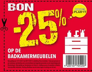 Promoties Bon -25% op de badkamermeubelen - Huismerk - BricoPlanit - Geldig van 14/11/2017 tot 04/12/2017 bij BricoPlanit