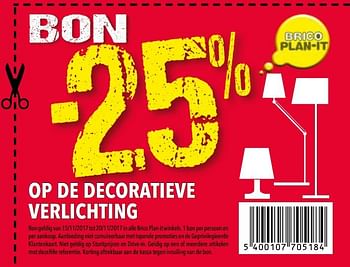 Promoties Bon -25% op de decoratieve verlichting - Huismerk - BricoPlanit - Geldig van 14/11/2017 tot 04/12/2017 bij BricoPlanit
