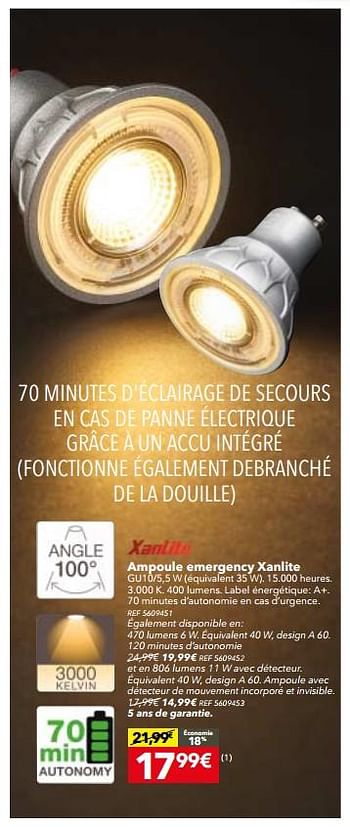 Promotions Ampoule emergency xanlite - Xanlite - Valide de 14/11/2017 à 04/12/2017 chez BricoPlanit