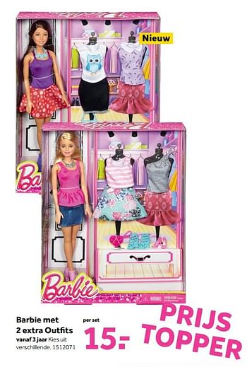 Promoties Barbie met 2 extra outfits - Mattel - Geldig van 30/10/2017 tot 10/12/2017 bij Bart Smit