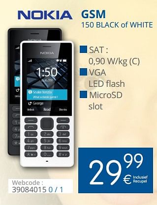 Promoties Nokia gsm 150 black of white - Nokia - Geldig van 02/11/2017 tot 30/11/2017 bij Eldi