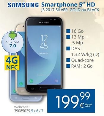 Promotions Samsung smartphone hd j3 2017 silver, gold ou black - Samsung - Valide de 02/11/2017 à 30/11/2017 chez Eldi