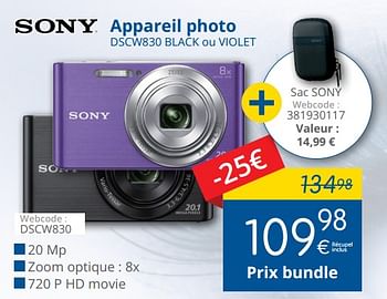 Promotions Sony appareil photo dscw830 black ou violet - Sony - Valide de 02/11/2017 à 30/11/2017 chez Eldi