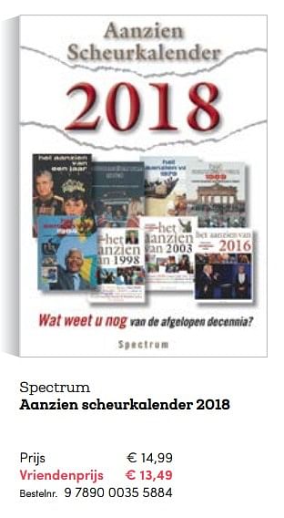 Promoties Spectrum aanzien scheurkalender 2018 - Huismerk - BookSpot - Geldig van 03/11/2017 tot 31/12/2017 bij BookSpot