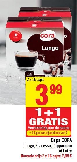 Promoties Caps cora lungo, espresso, cappuccino of latte - Huismerk - Match - Geldig van 15/11/2017 tot 21/11/2017 bij Match