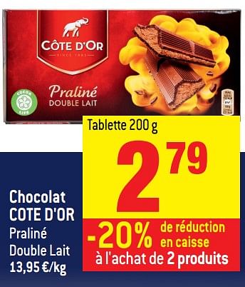 Promotions Chocolat cote d`or praliné double lait - Cote D'Or - Valide de 15/11/2017 à 21/11/2017 chez Smatch