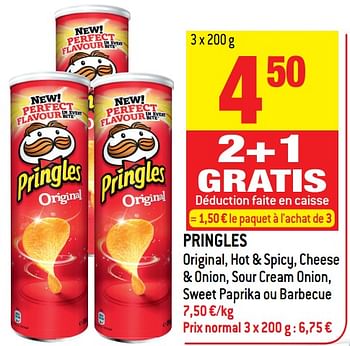 Promoties Pringles original, hot + spicy, cheese + onion, sour cream onion, sweet paprika ou barbecue - Pringles - Geldig van 15/11/2017 tot 21/11/2017 bij Match
