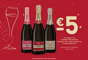 Promoties - 5€ bij aankoop van 2 flessen piper-heidsieck cuvée brut 75cl, rosé sauvage 75cl + cuvée sublime 75cl - Piper-Heidsieck - Geldig van 10/11/2017 tot 29/11/2017 bij Makro