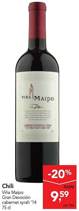 Promotions Chili viôa maipo gran devociôn cabernet syrah - Vins rouges - Valide de 10/11/2017 à 29/11/2017 chez Makro