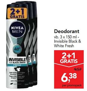 Promoties Nivea deodorant invisible black + white fresh - Nivea - Geldig van 10/11/2017 tot 29/11/2017 bij Makro