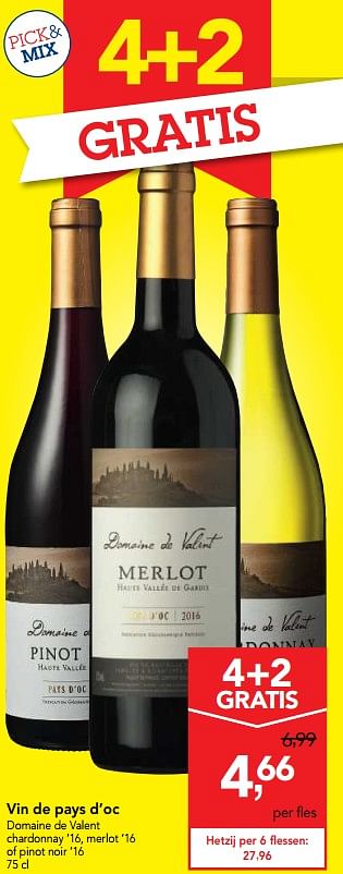 Promoties Vin de pays d`oc domaine valent chardonnay `16, merlot `16 of noir - Rode wijnen - Geldig van 10/11/2017 tot 29/11/2017 bij Makro