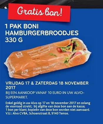 Promoties 1 pak boni hamburgerbroodjes - Boni - Geldig van 17/11/2017 tot 18/11/2017 bij Alvo