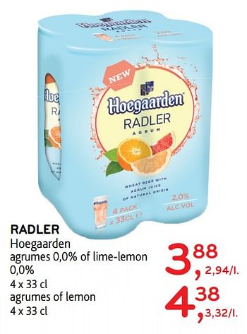 Promoties Radler hoegaarden agrumes 0,0% of lime-lemon - Hoegaarden - Geldig van 15/11/2017 tot 28/11/2017 bij Alvo