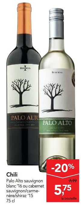 Promotions Chili palo alto sauvignon blanc 16 ou cabernet sauvignon-carmenère-shiraz 15 - Vins blancs - Valide de 10/11/2017 à 29/11/2017 chez Makro