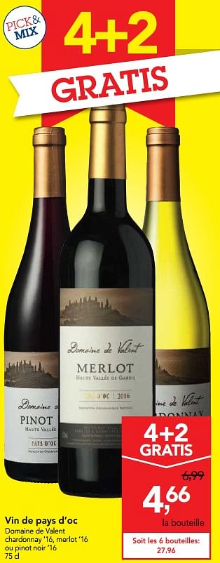 Promoties Vin de pays d`oc domaine de valent chardonnay 16, merlot 16  ou pinot noir 16 - Rode wijnen - Geldig van 10/11/2017 tot 29/11/2017 bij Makro