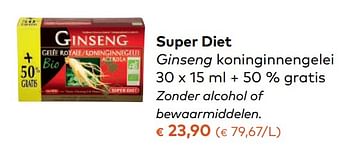 Promotions Super diet ginseng koninginnengelei zonder alcohol of bewaarmiddelen - Super Diet - Valide de 08/11/2017 à 05/12/2017 chez Bioplanet