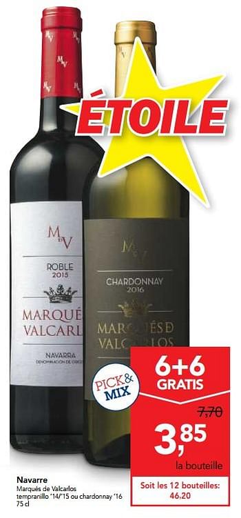 Promotions Navarre marqués de valcarlos tempranillo 14-15 ou chardonnay 16  - Vins blancs - Valide de 10/11/2017 à 29/11/2017 chez Makro