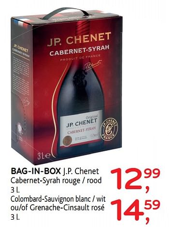 Promoties Bag-in-box j.p. chenet cabernet-syrah rouge-rood - Rode wijnen - Geldig van 15/11/2017 tot 28/11/2017 bij Alvo