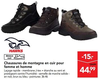 Promotions Chaussures de montagne en cuir pour femme et homme - Hawks - Valide de 10/11/2017 à 29/11/2017 chez Makro