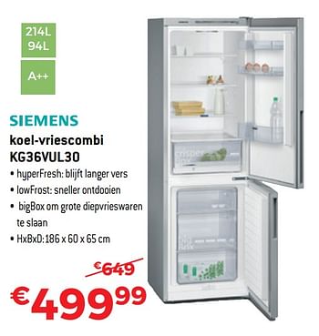 Promoties Siemens koel-vriescombi kg36vul30 - Siemens - Geldig van 13/11/2017 tot 30/11/2017 bij Exellent