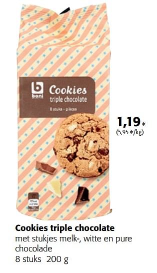 Promoties Cookies triple chocolate met stukjes melk-, witte en pure chocolade - Boni - Geldig van 15/11/2017 tot 28/11/2017 bij Colruyt