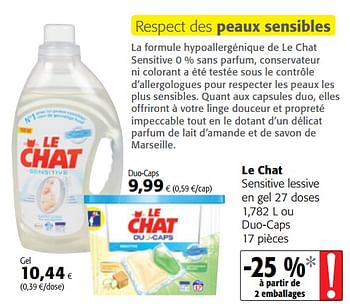 Promotions Le chat sensitive lessive en gel ou duo-caps - Le Chat - Valide de 15/11/2017 à 28/11/2017 chez Colruyt