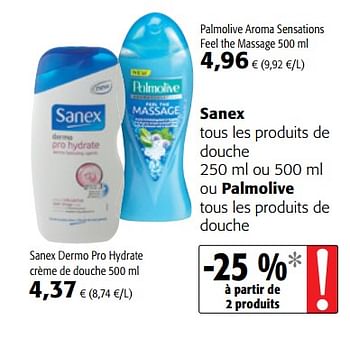 Promotions Sanex tous les produits de douche ou palmolive tous les produits de douche - Produit maison - Colruyt - Valide de 15/11/2017 à 28/11/2017 chez Colruyt