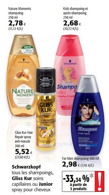 Promotions Schwarzkopf tous les shampoings, gliss kur soins capillaires ou junior spray pour cheveux - Schwarzkopf - Valide de 15/11/2017 à 28/11/2017 chez Colruyt