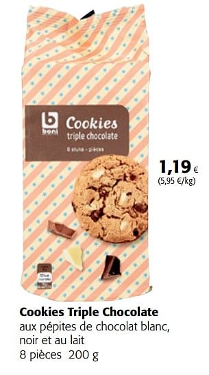 Promotions Cookies triple chocolate aux pépites de chocolat blanc, noir et au lait - Boni - Valide de 15/11/2017 à 28/11/2017 chez Colruyt