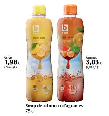 Promotions Sirop de citron ou d`agrumes citron - Boni - Valide de 15/11/2017 à 28/11/2017 chez Colruyt